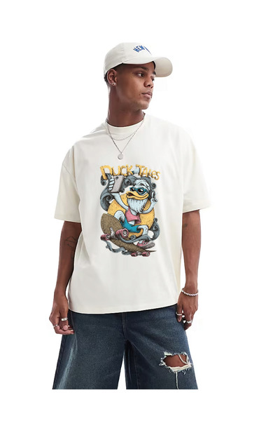 ELNOYA Unisex White Cotton Oversize "Duck Tales" Printed Crew Neck Comfortable T-Shirt