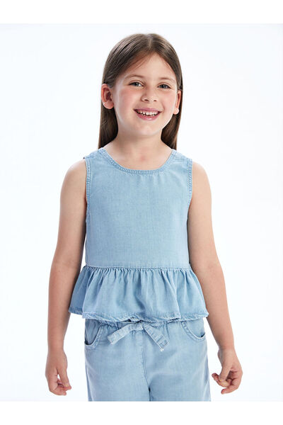 LC Waikiki Blue ruffled hem jean blouse for girls