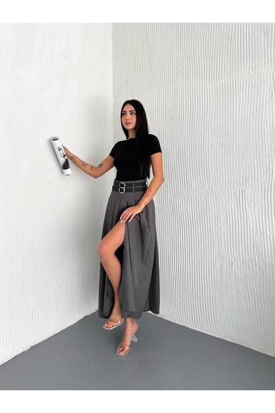 BYKUZEYARAS Women's High-Waisted Double Belt and Pleated Slit Detail Trend Maxi Skirt