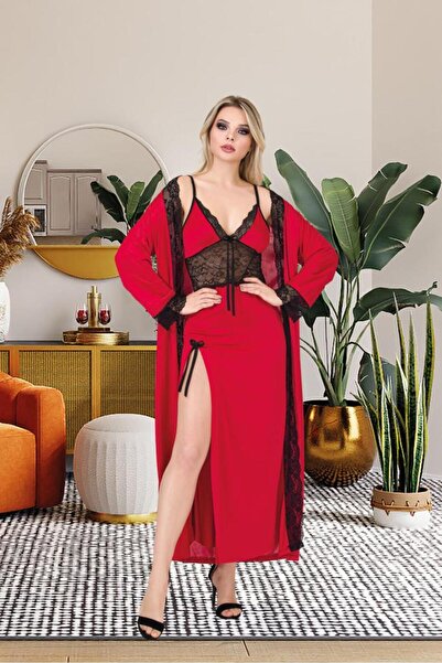 Viselya Black Lace Plus Size Nightgown Dressing Gown Set