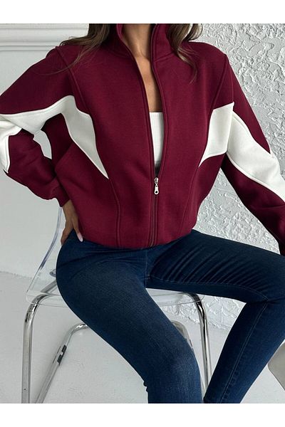Zeynep Öykü Style Women's 3 Thread Combed Cotton Fabric Raised Garnished Color Block Oversized Cardigan Tracksuit Top Sweatshirt