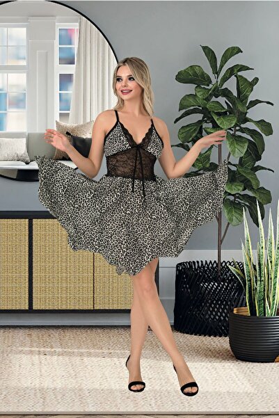 Viselya Cămașă de noapte leopard neagră, cu fustă cu volane, pachet de dantelă