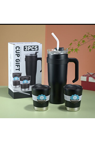 Zen Store ترمس حراري من الفولاذ المقاوم للصدأ من زينستور، سعة 40 أونصة مع ماصة (أسود)، مع كوبين مجانيين سعة 11 أونصة/كوب قهوة للسفر