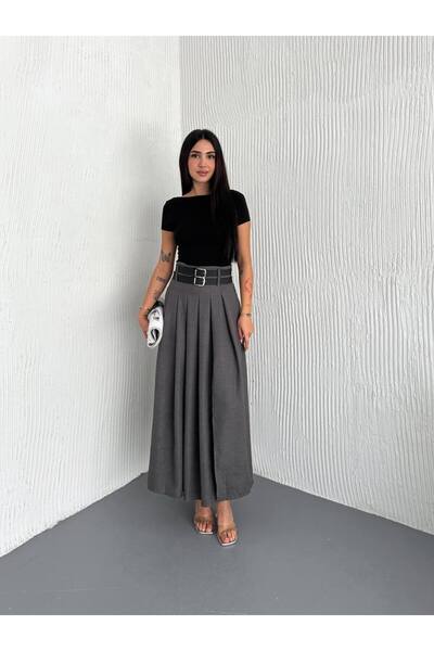 BYKUZEYARAS Women's High-Waisted Double Belt and Pleated Slit Detail Trend Maxi Skirt