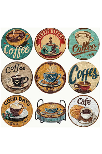 ŞAN ART DESİGN Coffee Theme Coaster 8 Pcs 5D Diamond Mosaic Puzzle Painting Set 10*10cm
