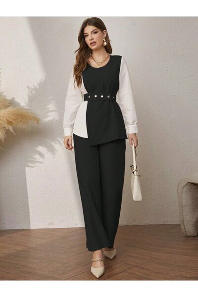 Masspera Round Neck Long Sleeve Double Color Belted Bottom-Top Suit