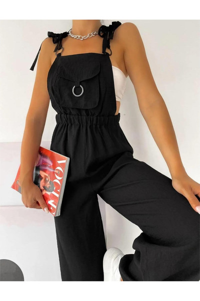 MsLena Butik - Women's Single Pocket and Ring Design Aerobin Fabric Straps Tie-Up Gardener Jumpsuit Black No335-8792