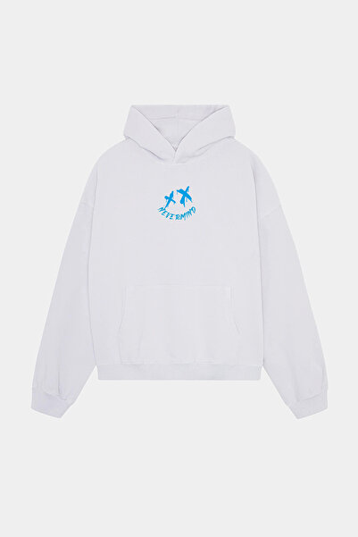 NEVERMIND Unisex Λευκό με κουκούλα Φούτερ - Μπλε με τύπωμα oversized Φούτερ με κουκούλα