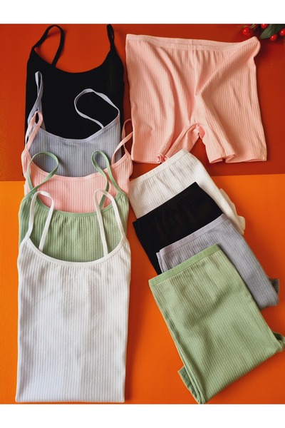 Demirsa Boutique Ribbed Cotton Ribbed Thread Strap 5-Piece Women's Tank Top and Panties-Shorts Set (Pink Blue Green Black White)