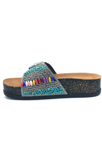 KOCAMANLAR Feles Single Buckle Cork Sole Stone Detailed Women's Slippers Black