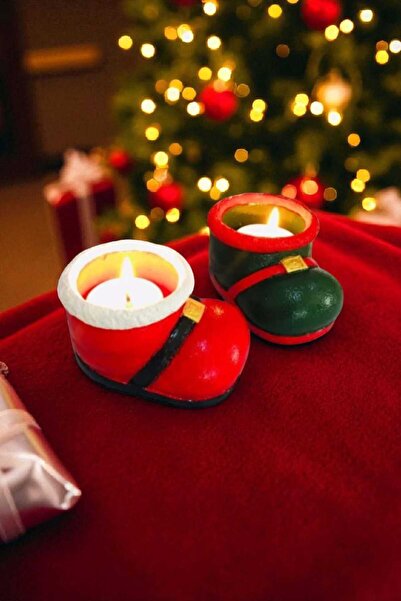 Eymen Yılbaşı Noel Baba Pabuç Mumluk, İkili Minimal Dekoratif Mumluk, Tealigh...