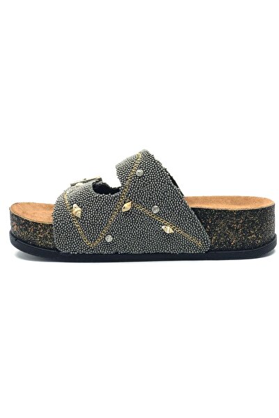 KOCAMANLAR Feles Double Buckle Cork Sole Stone Detailed Women's Slippers Platinum