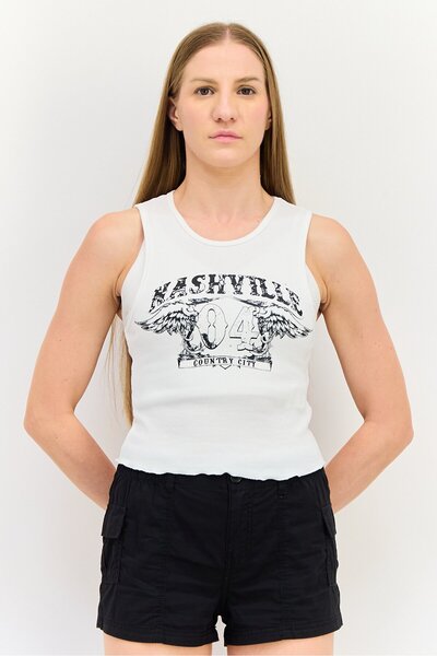 Don't Call Me Jennyfer Women Round Neck Sleeveless Graphic Print Crop Top, White