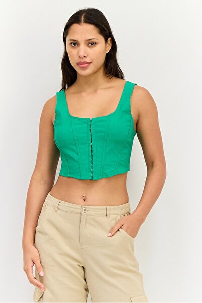 Don't Call Me Jennyfer Women U Neck Sleeveless Plain Crop Top, Green