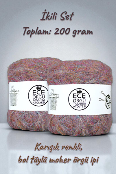 Ece Örgü Tasarım Atölyesi Karışık renkli, bol tüylü moher örgü ipi (200 gr.)