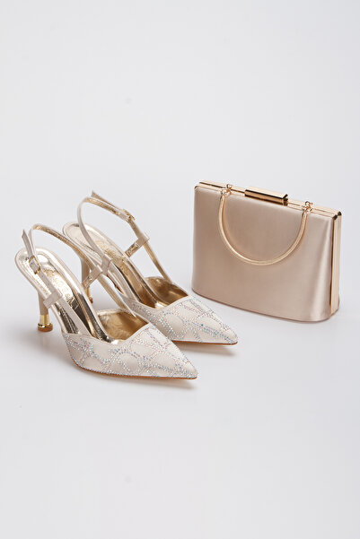 DYG STORE Women's Style Heeled Special Production Evening Dress Shoes and Bag Combination