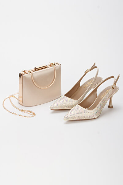 DYG STORE Women's Style Heeled Special Production Evening Dress Shoes and Bag Combination