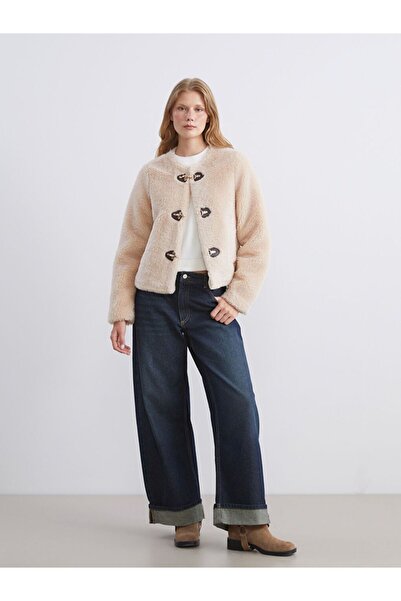 LC Waikiki Ecru Crew Neck Women's Plush Coat