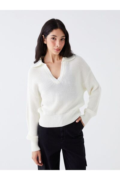 LC Waikiki Ekru Polo Yaka Kendinden Desenli Uzun Kollu Kadın Triko Kazak