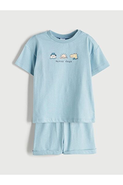 LC Waikiki Blue Crew Neck Printed Baby Boy Shorts Set