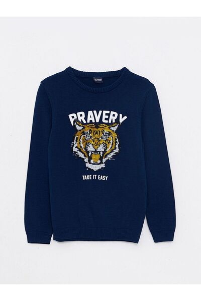 LC Waikiki Mornarsko plavi pleteni džemper za dečake sa dugim rukavima i okru...