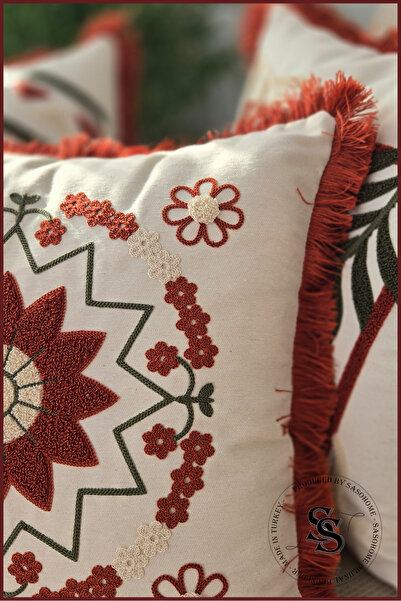 SasoHome Beauty Flowers Punch Embroidery Patterned Linen Throw Pillow Cover
