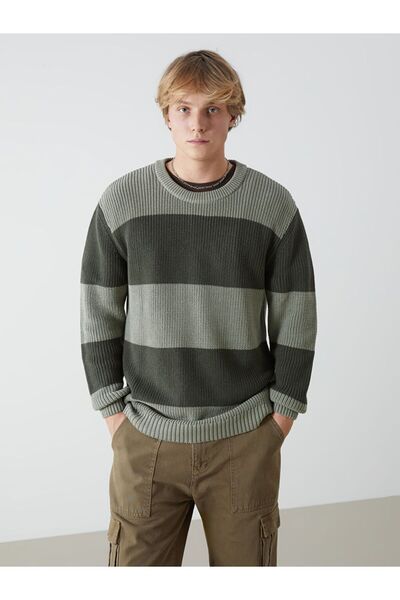 LC Waikiki Green Crew Neck Long Sleeve Color Block Men's Knitwear Sweater