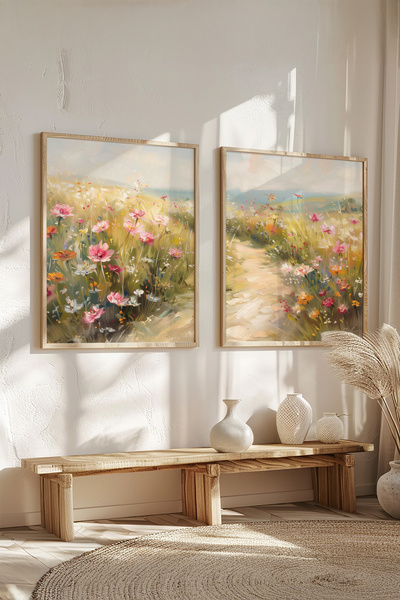 STARYUNA Ahşap Çerçeveli Vintage Çiçekli Tarla Yağlıboya Efektli İkili Tablo Seti Yuna350