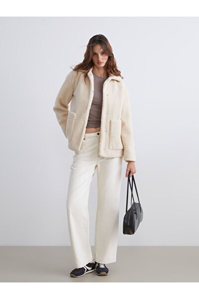 LC Waikiki Ecru Shirt Collar Women's Plush Coat