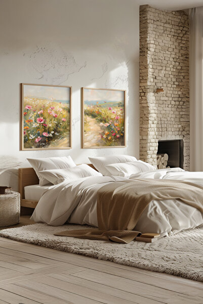 STARYUNA Ahşap Çerçeveli Vintage Çiçekli Tarla Yağlıboya Efektli İkili Tablo Seti Yuna350