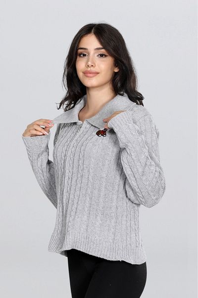 EZGİ KILINÇ Women's Teddy Bear Embroidered Detailed Zippered Knitted Cardigan