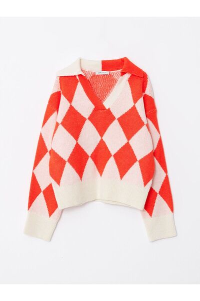 LC Waikiki Turuncu Polo Yaka Baklava Desenli Kadın Triko Kazak