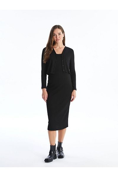 LC Waikiki Black Crew Neck Women's Dress and Cardigan Set