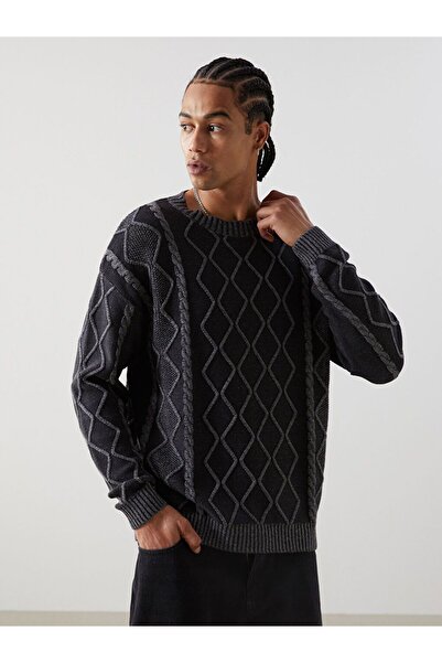 LC Waikiki Μαύρο πλεκτό πουλόβερ με μακρυμάνικο σχέδιο για άνδρες