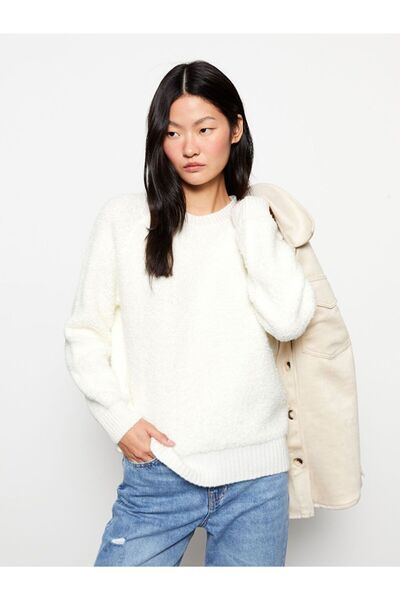 LC Waikiki Ekru Bisiklet Yaka Düz Uzun Kollu Kadın Triko Kazak