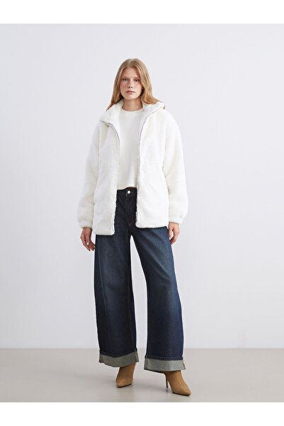 LC Waikiki Ecru Stand Collar Women's Plush Coat