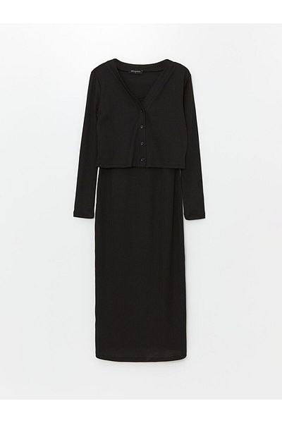 LC Waikiki Black Crew Neck Women's Dress and Cardigan Set