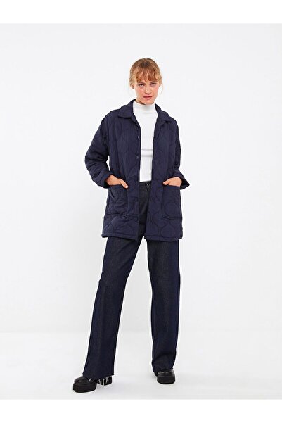 LC Waikiki Navy Blue Shirt Collar Self Patterned Long Sleeve Women's Jacket