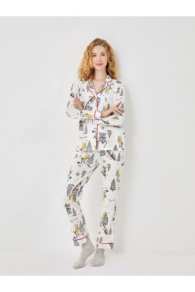 LC Waikiki Gömlek Yaka Yılbaşı Temalı Kadın Pijama Takımı