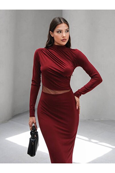 motix Bel Tül Detaylı Şık Midi Elbise