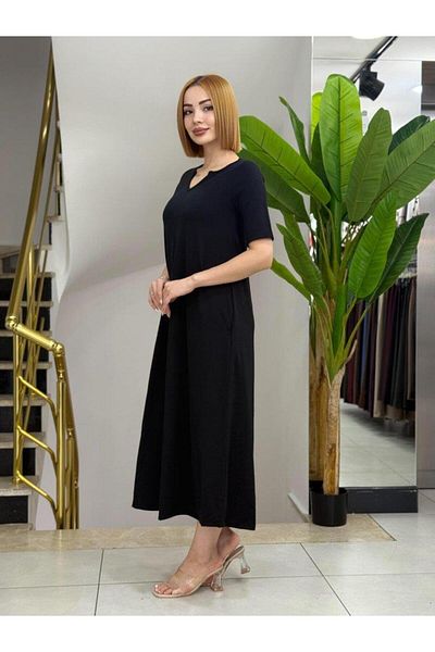 modamtn Women's short sleeve v neck pocket detail long janjan crepe dress