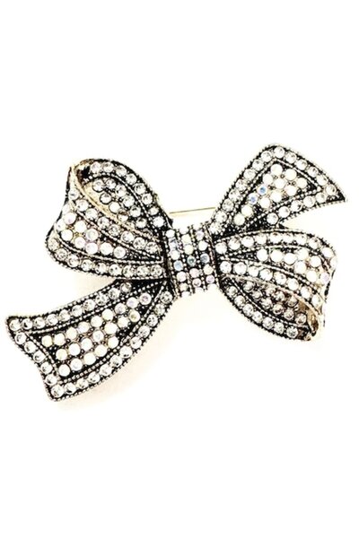 Violetta - Broșă vintage cu fundă și marcasite VP912 alb