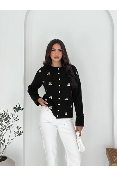 sportiness Soft Textured Pearl Detailed Buttoned Cardigan