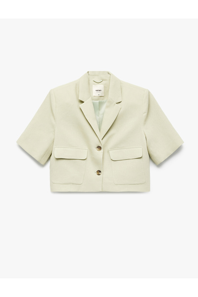 Koton New Season Pocket Buttoned Short Sleeve Lined Linen Crop Blazer Jacket