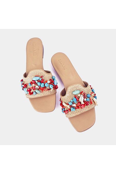 Delilah Sahara Genuine Leather Sandals – Handcrafted, Double Cushioned – Coral & Blue