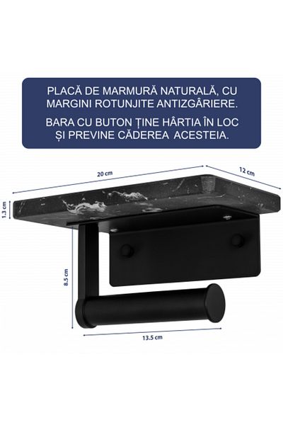 FizioTab FizioTab® Metal Toilet Paper Holder with Marble Shelf, Black/Black