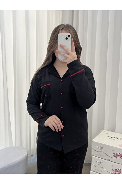 Lena Homewears Kırmızı Fiyonk Desenli Siyah Waffle Premium Pijama Takımı