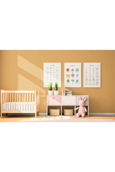 Funzee Back to School Education Poster Set – Alphabet, Shapes and Numbers Teaching Wall Chart - Frameless