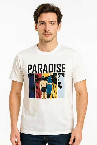 Generic Men’s Printed T-Shirt – “PARADISE” Graphic Casual Short Sleeve Cotton Blend Tee
