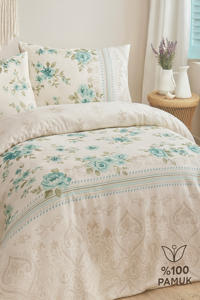 Evimcim 100% Cotton Ranforce Single Duvet Cover Set Gift Boxed Green Floral160X220 - 160X240 - 50X70